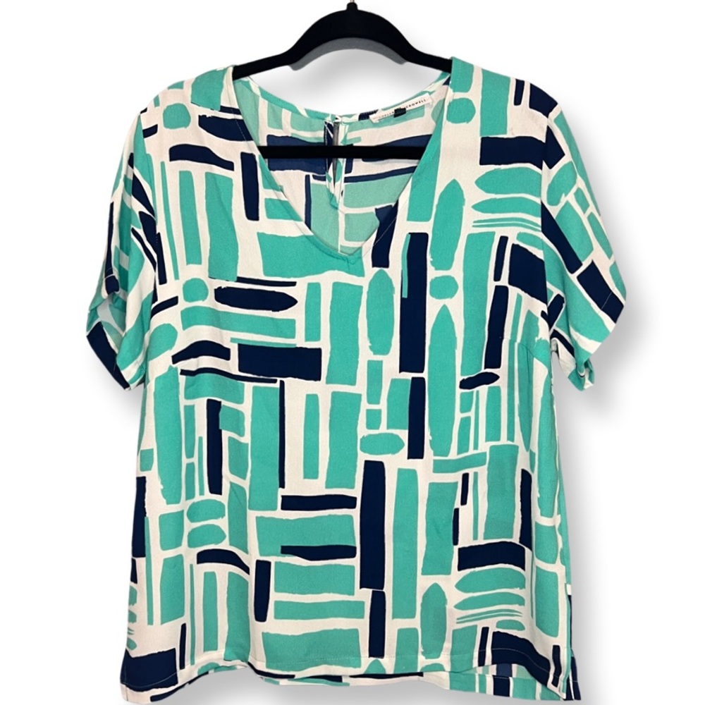 Michelle McDowell Size L Short Sleeve Blouse in Green and Navy Print